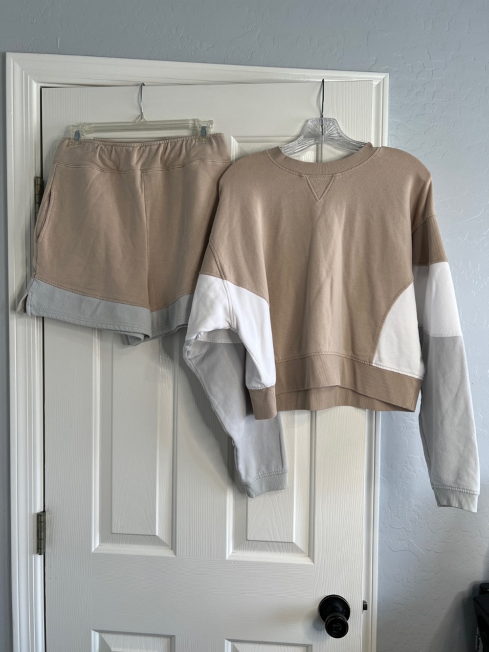 Feat Helen Owen sweater shorts comfy cozy soft tan gray cream tones L/S